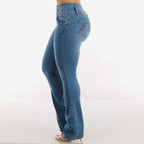 Damen High-Waist Bootcut Jeans mit dekorativen Knopfdetails und figurbetontem Schnitt R&B