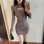 Damen Figurbetontes Kleid mit kreativem Ausschnitt und langem Arm