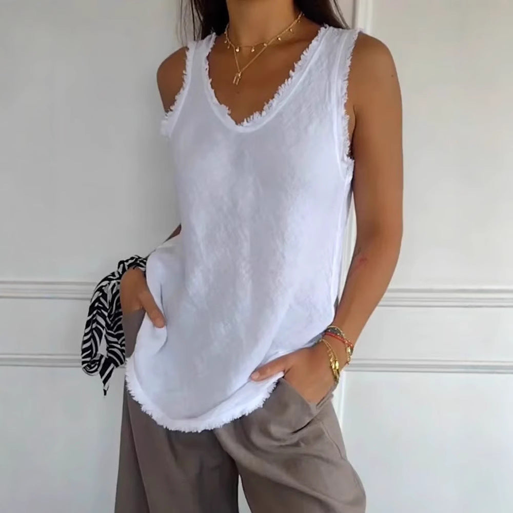 Damen nan lässiges Leinenoptik-Tanktop mit ausgefranstem Saum U-Ausschnitt und lockerer Hüftlänge R&B