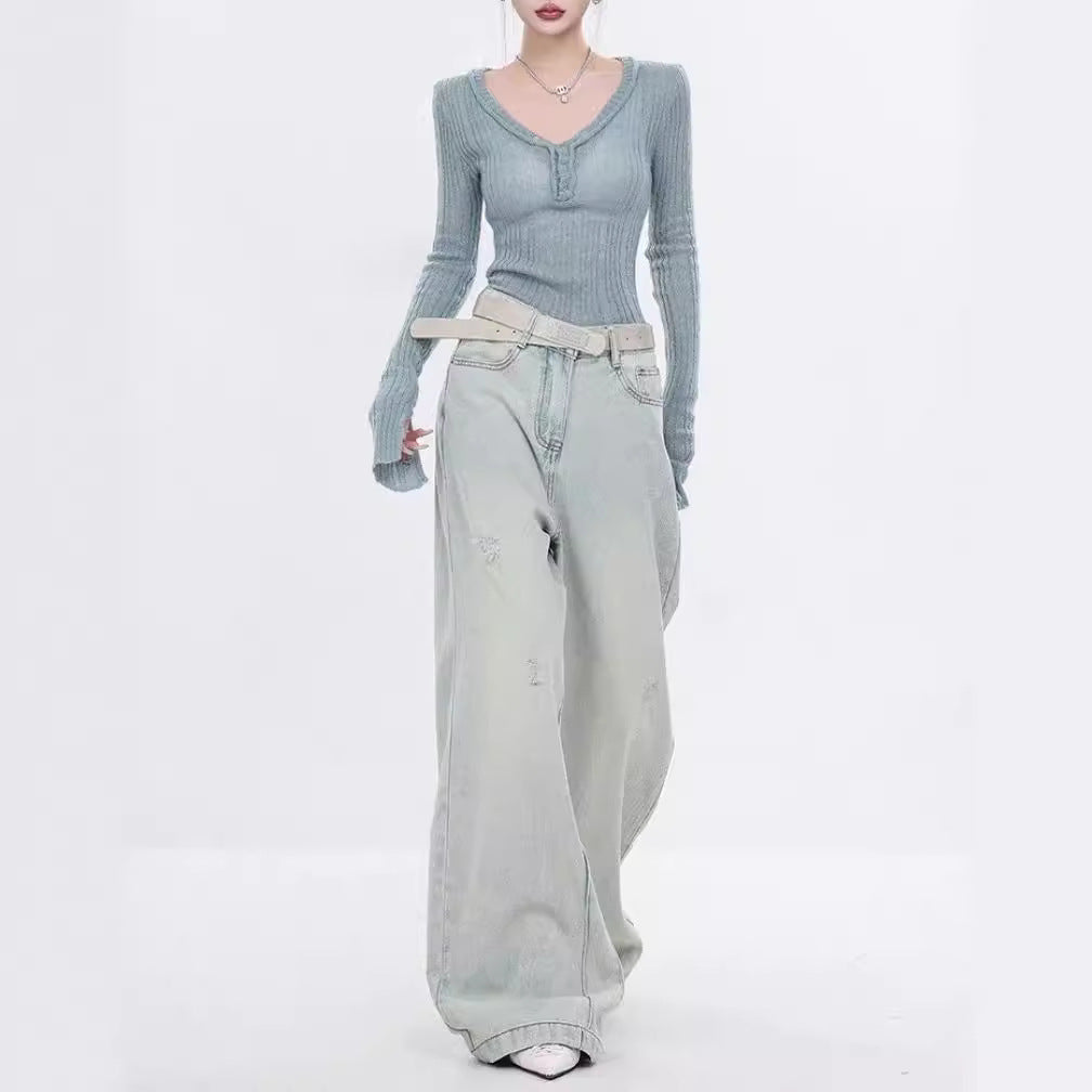 Damen Elegante Weitbein-Jeans mit modischen Akzentuierungen und hohem Bund R&B