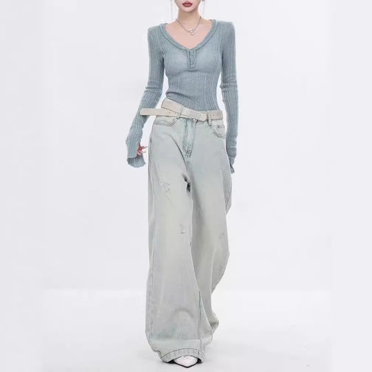 Damen Elegante Weitbein-Jeans mit modischen Akzentuierungen und hohem Bund R&B