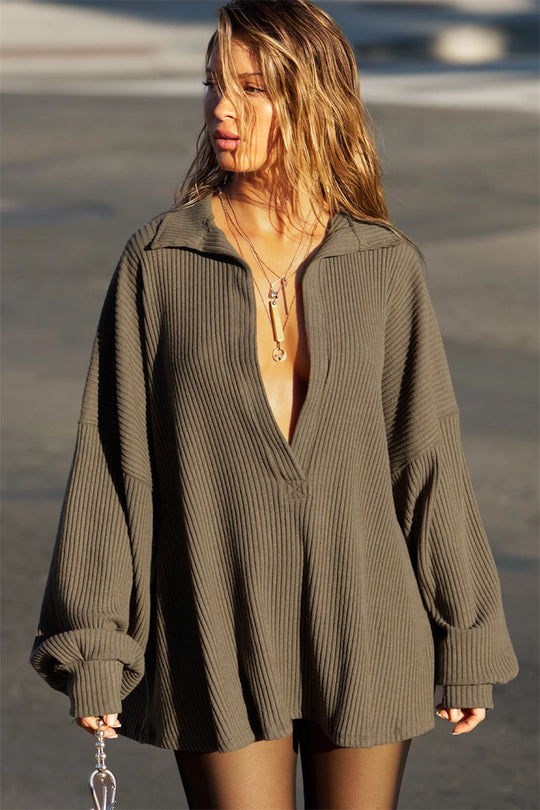 Damen lässiger Strickpullover mit hochgeschlossenem Kragen und weit geschnittenen Ärmeln R&B