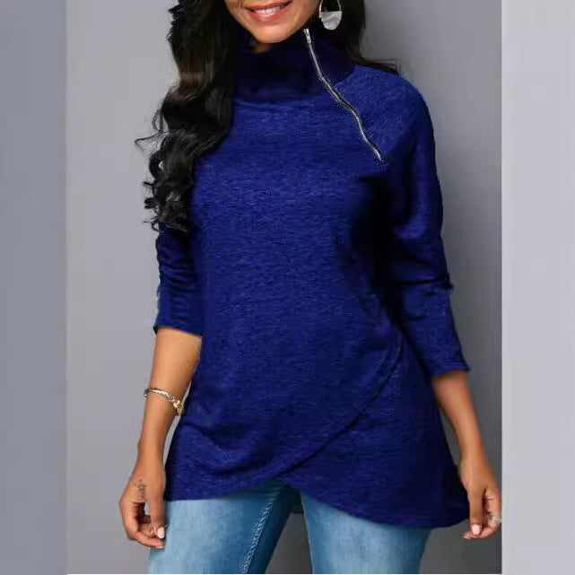 Damen Rundhals Shirt mit hoher Kragen und Reißverschluss R&B