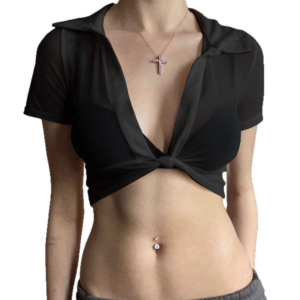 Damen cropped Oberteil mit knotenförmigem Design und tiefem V-Ausschnitt R&B