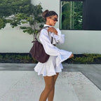 Damen modisches kurzämliges Set aus fließendem Material mit cropped Bluse und weit schwingendem Rock R&B
