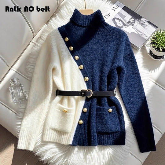 Damen Schicker Pullover mit hohem Kragen und eleganten Knöpfen R&B