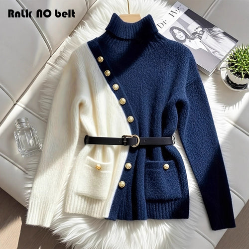 Damen Schicker Pullover mit hohem Kragen und eleganten Knöpfen R&B
