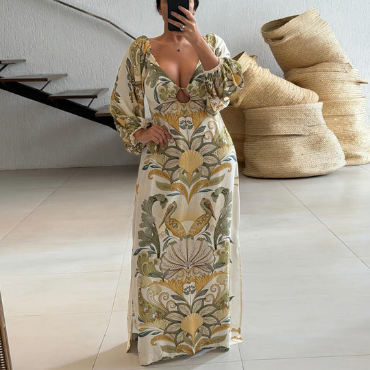 Damen Maxikleid mit kunstvollem Floral-Design und tiefem V-Ausschnitt R&B