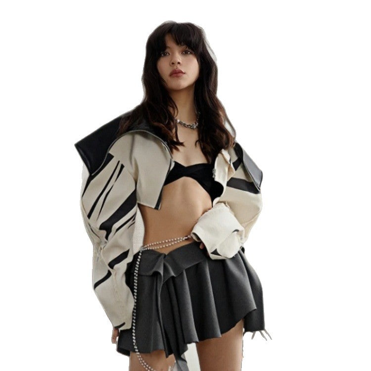 Damen Modische Cropped Jacke mit geometrischem Design und Kunstlederdetails R&B