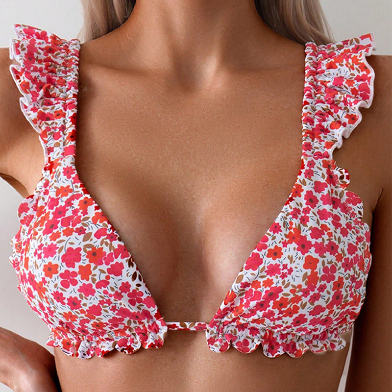 Damen Triangel-Bikini mit fröhlichem Blumenmuster und eleganten Rüschendetails