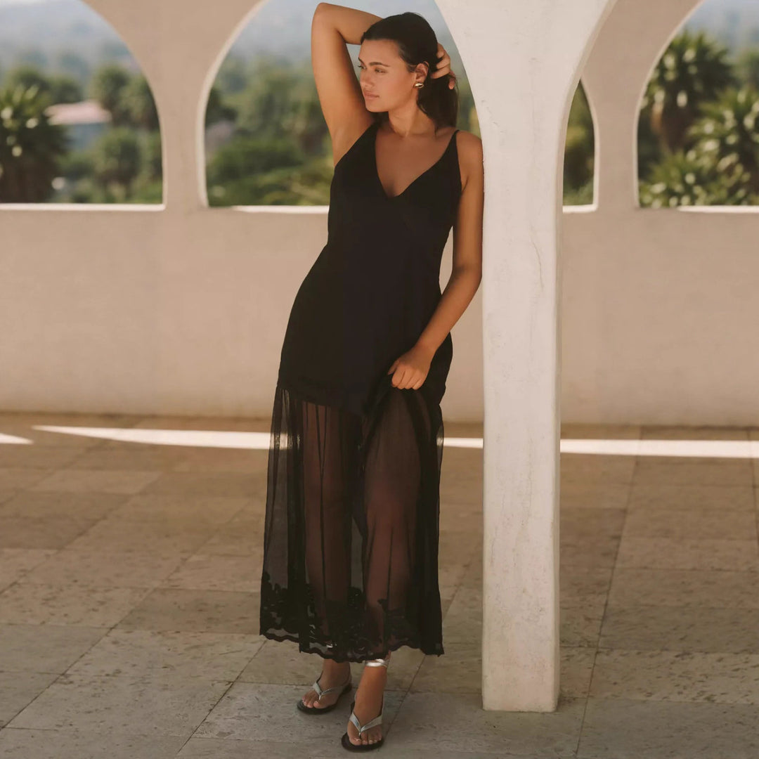 Damen nan Lagenmaxikleid mit kurzem Innenkleid und transparentem Tüll-Überrock, V-Ausschnitt und feinen Spaghettiträgern R&B
