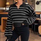 Damen moderner cropped Pullover mit Streifen und tiefem V-Ausschnitt R&B