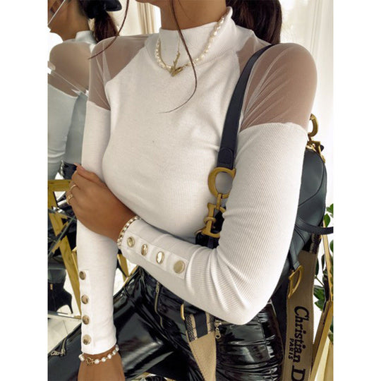Damen Langarmshirt mit transparenten Ärmeln und Knopfdetails R&B