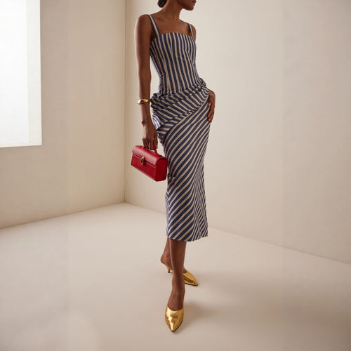 Damen Maxikleid mit asymmetrischen Drapierungen und hohem Schlitz R&B