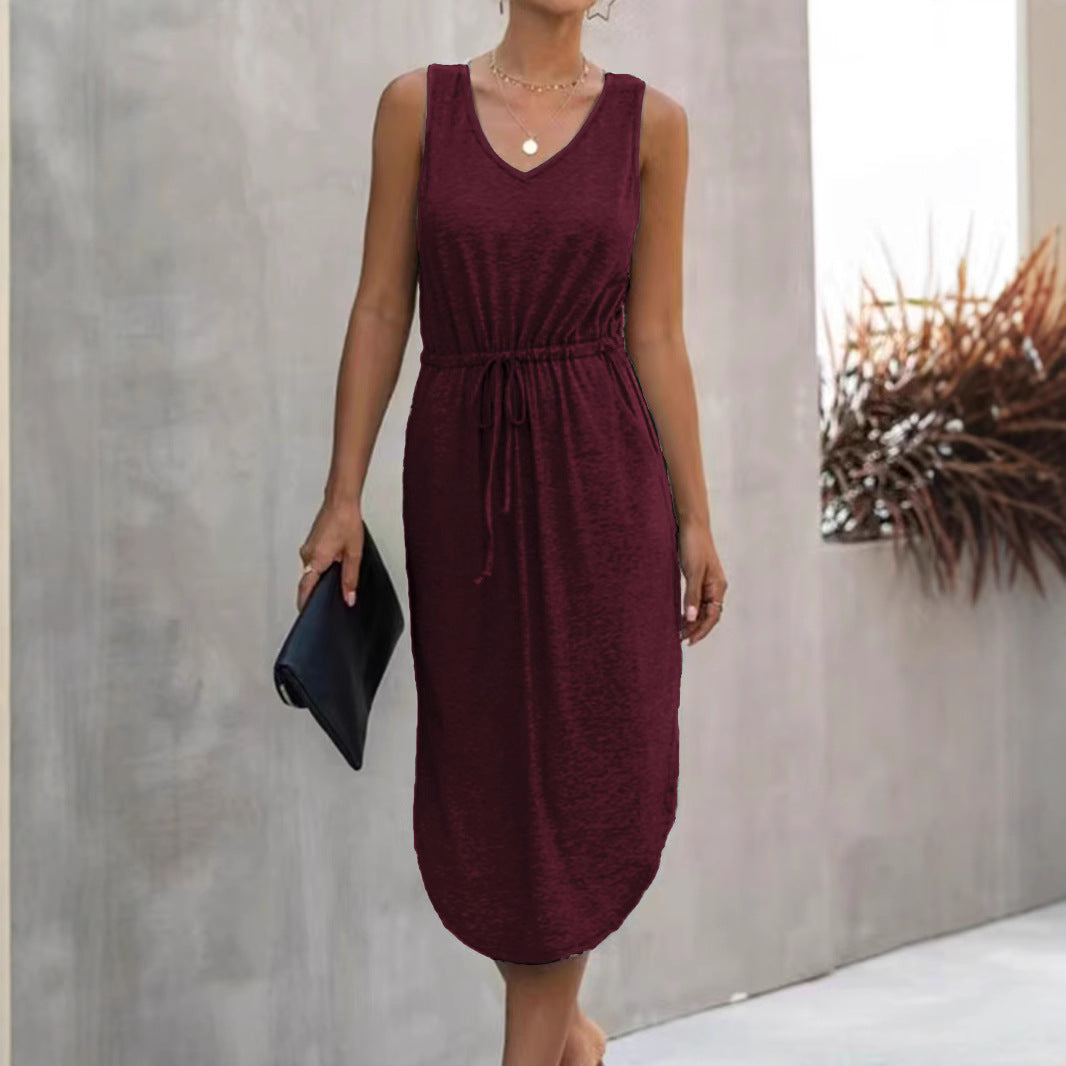 Damen lässiges Maxikleid mit V-Ausschnitt und elastischem Taillenbund R&B