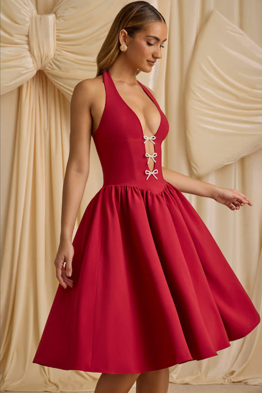 Damen A-Linien Kleid mit tiefem V-Ausschnitt und dekorativen Schleifen R&B