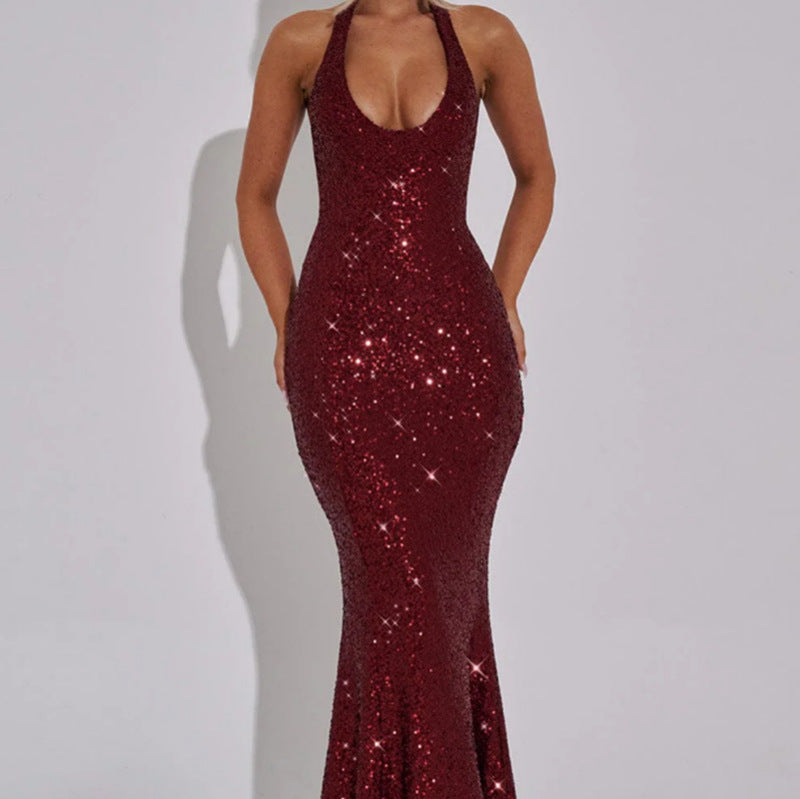 Damen Glamouröses Pailletten-Maxi-Kleid mit tiefem V-Ausschnitt und schmalem Schnitt R&B