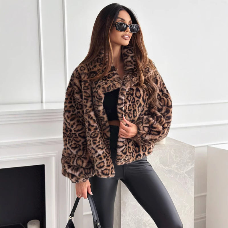 Damen kuschelige Leopardenfell Jacke R&B