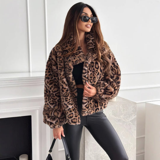Damen kuschelige Leopardenfell Jacke R&B