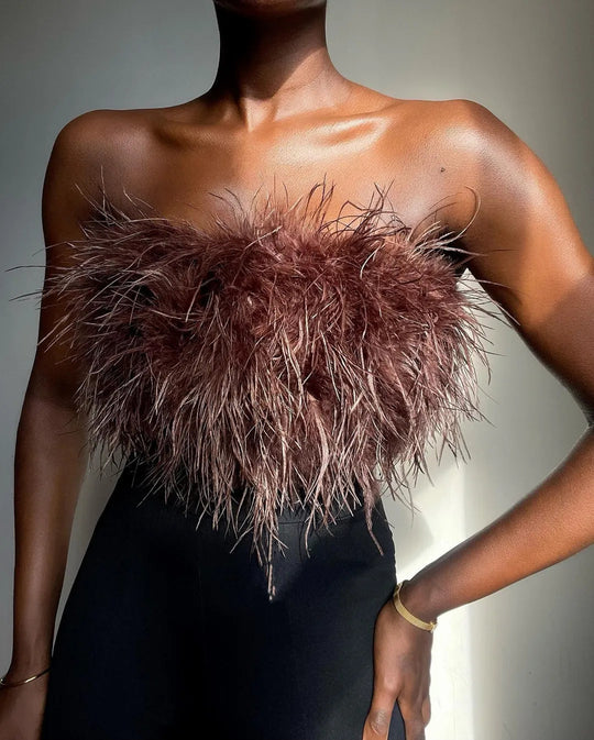 Damen Glamouröses Plüsch-Top mit abnehmbaren Trägern und fransigen Details R&B