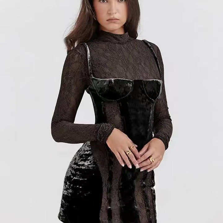 Damen Elegantes Spitzenkleid mit verführerischem V-Ausschnitt und langem Arm R&B