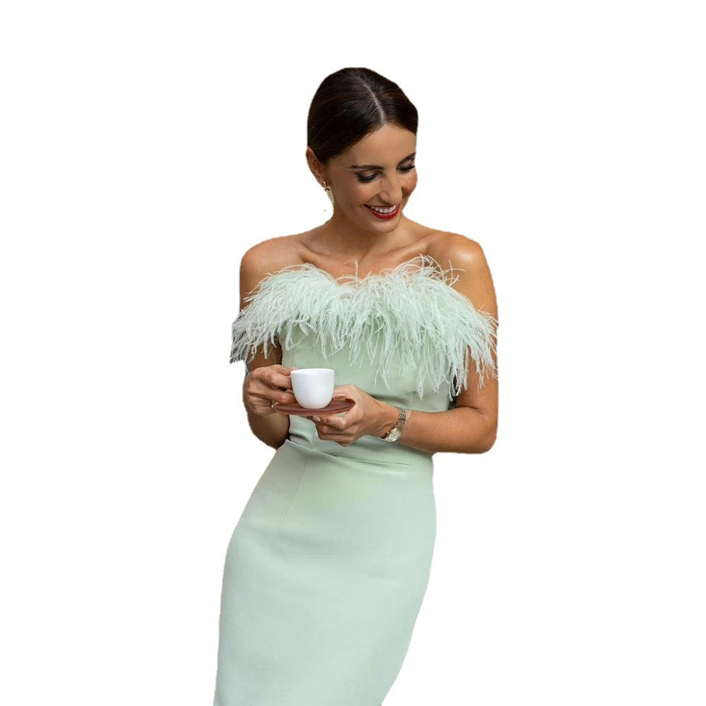 Damen Abendkleid mit federverziertem Oberteil und schlankem Schnitt R&B
