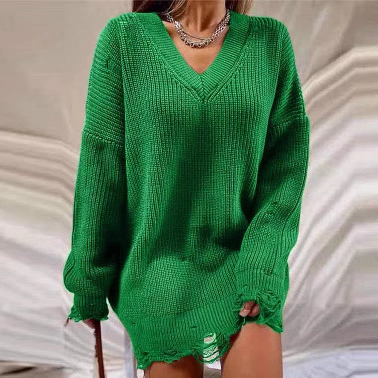 Damen Grobstrick Pullover mit V-Ausschnitt und lässigem Schnitt R&B