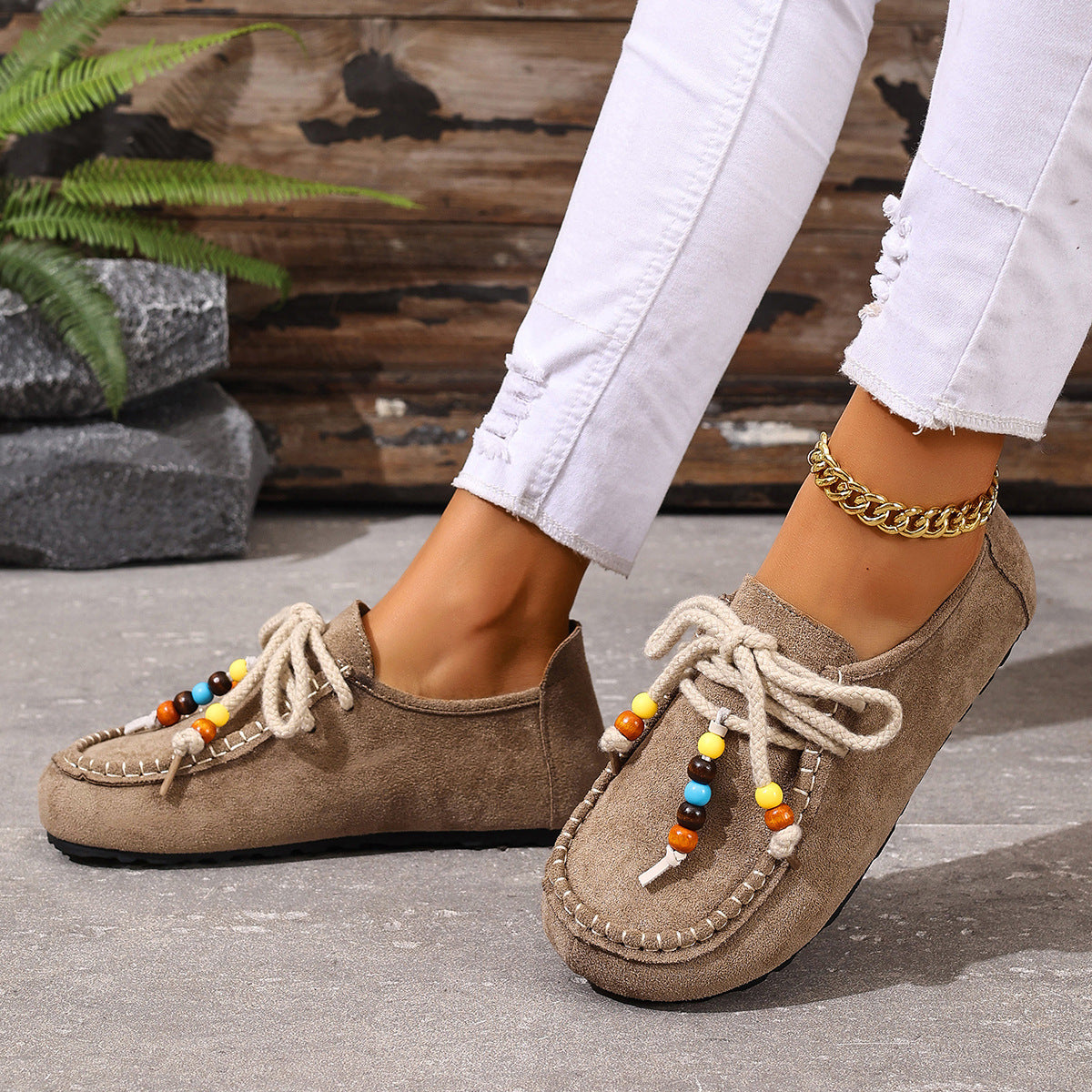 Damen Mokassin-Schuhe mit farbenfrohen Charakterperlen und rutschfester Sohle R&B