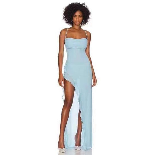 Damen elegantes Maxi-Kleid mit verführerischem Scherenschnitt und trägerlosem Design R&B