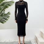 Damen Elegantes Kleid mit transparenten Spitzenärmel R&B