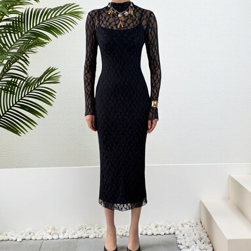 Damen Elegantes Kleid mit transparenten Spitzenärmel R&B