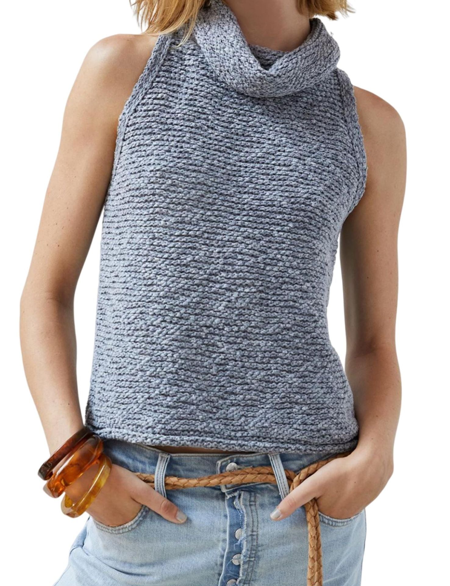 Damen ärmelloses Stricktop mit wärmendem Rollkragen Heidi-Mode