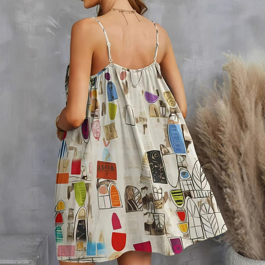 Damen luftiges Sommerkleid mit buntem geometrischem Muster und Kreuzträgern R&B
