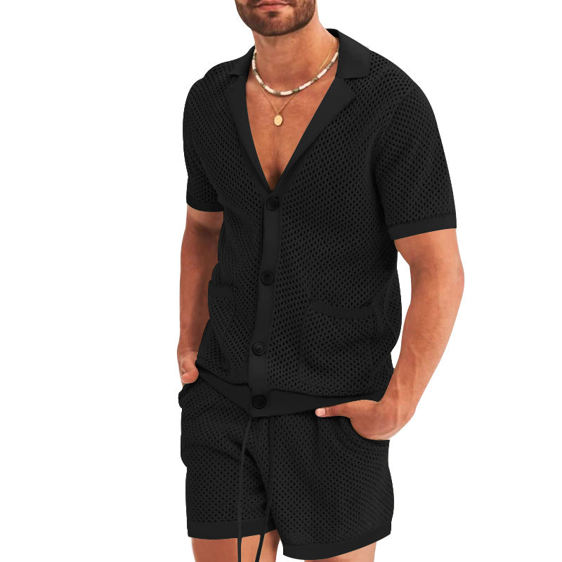 Herren nan offener Netzstrick-Cardigan mit passenden Kordelzug-Shorts R&B