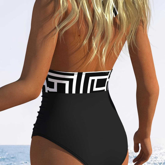 Damen Hochgeschnittener Badeanzug mit tiefem V-Ausschnitt und grafischem Design R&B