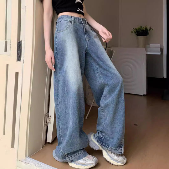 Damen Weite Denim-Hose mit hohem Taillenbund und lässigem Schnitt R&B