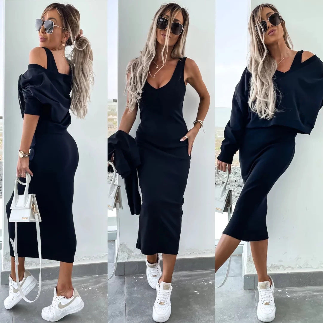 Damen elegantes und lässiges Zweiteiler-Set mit V-Ausschnitt und weitem Oberteil R&B
