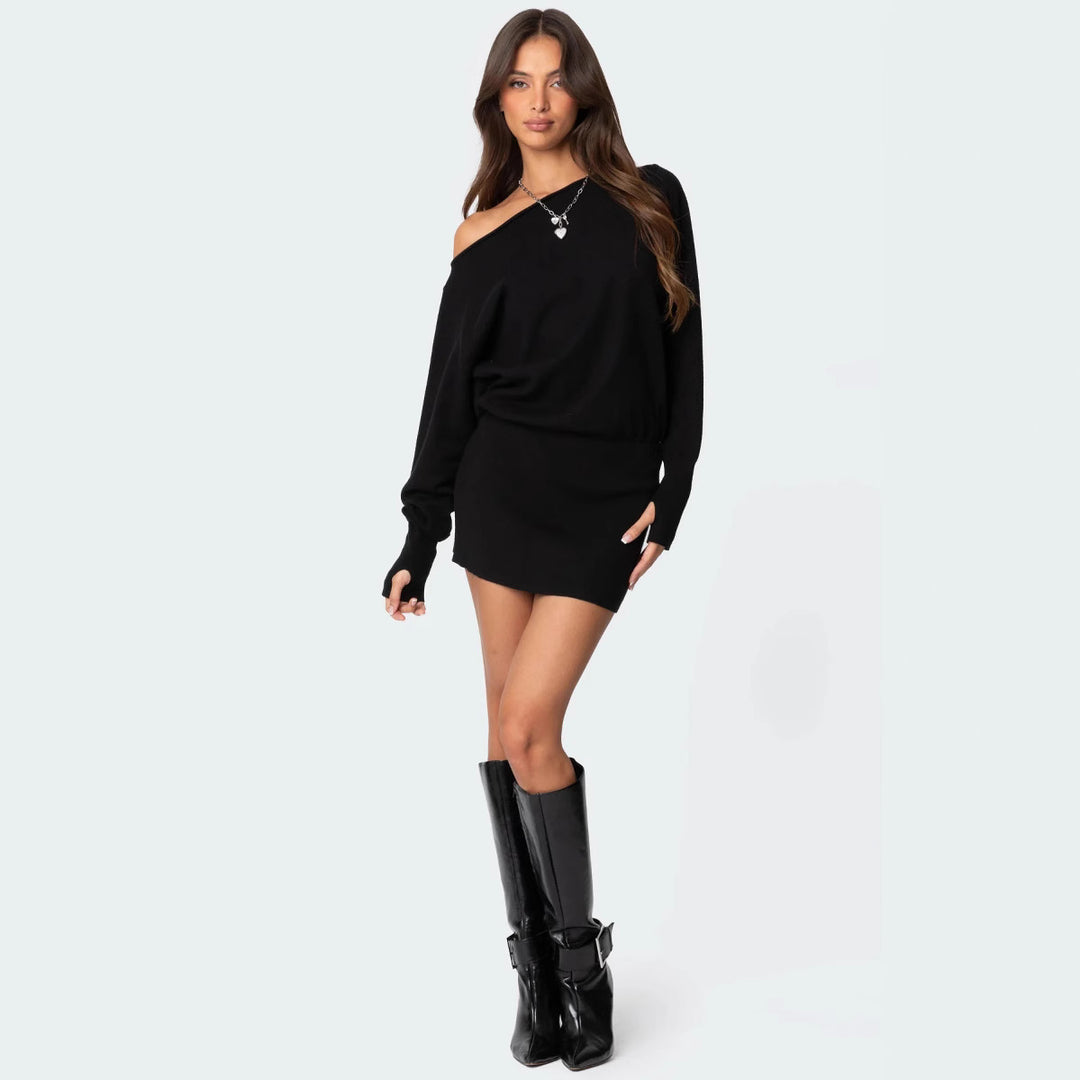 Damen lässiges Strickkleid mit asymmetrischem Ausschnitt und tailliertem Bund R&B