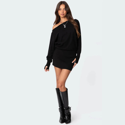 Damen lässiges Strickkleid mit asymmetrischem Ausschnitt und tailliertem Bund R&B