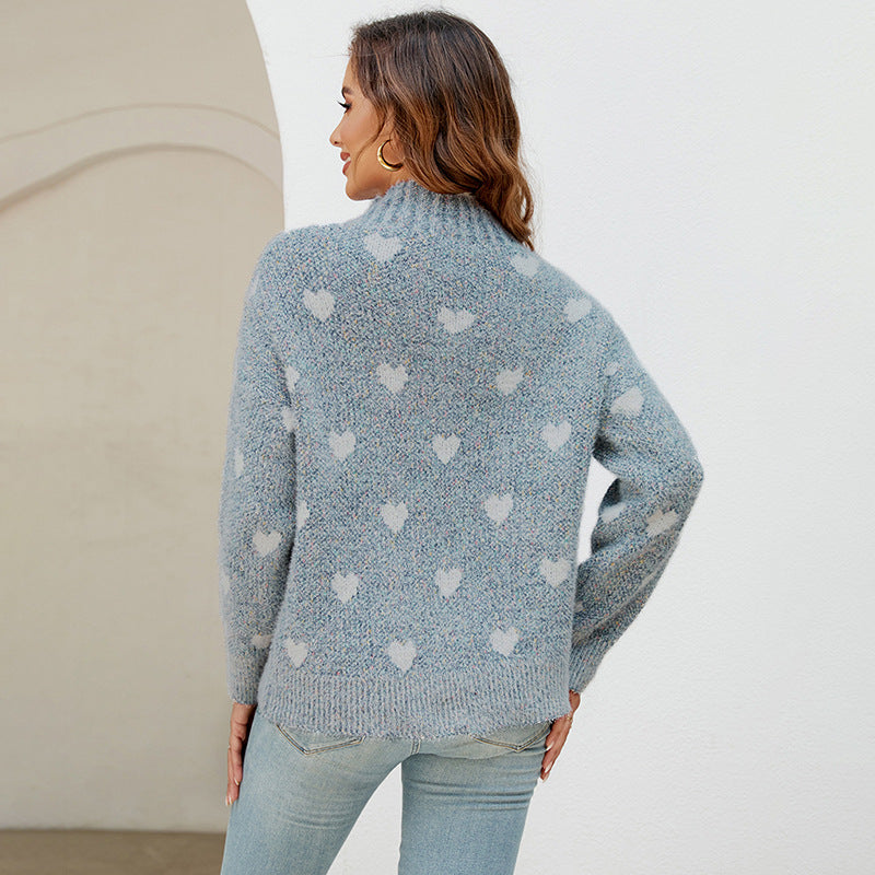 Damen modischer Strickpullover mit Herzmotiv und hohem Kragen R&B