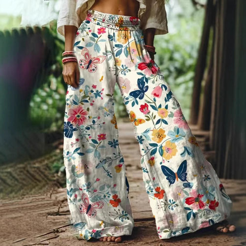 Damen Weite Sommerhose mit buntem Blumen- und Schmetterlingsprint R&B