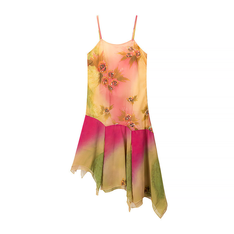 Damen asymmetrisches Sommerkleid mit floralem Design und zarten Spaghettiträgern R&B