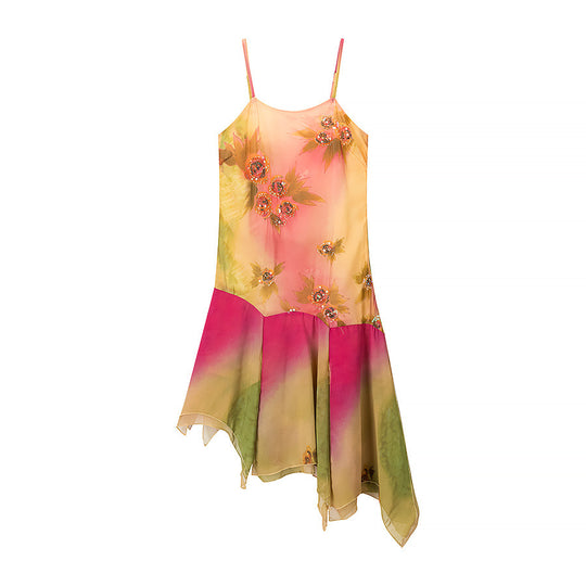 Damen asymmetrisches Sommerkleid mit floralem Design und zarten Spaghettiträgern R&B
