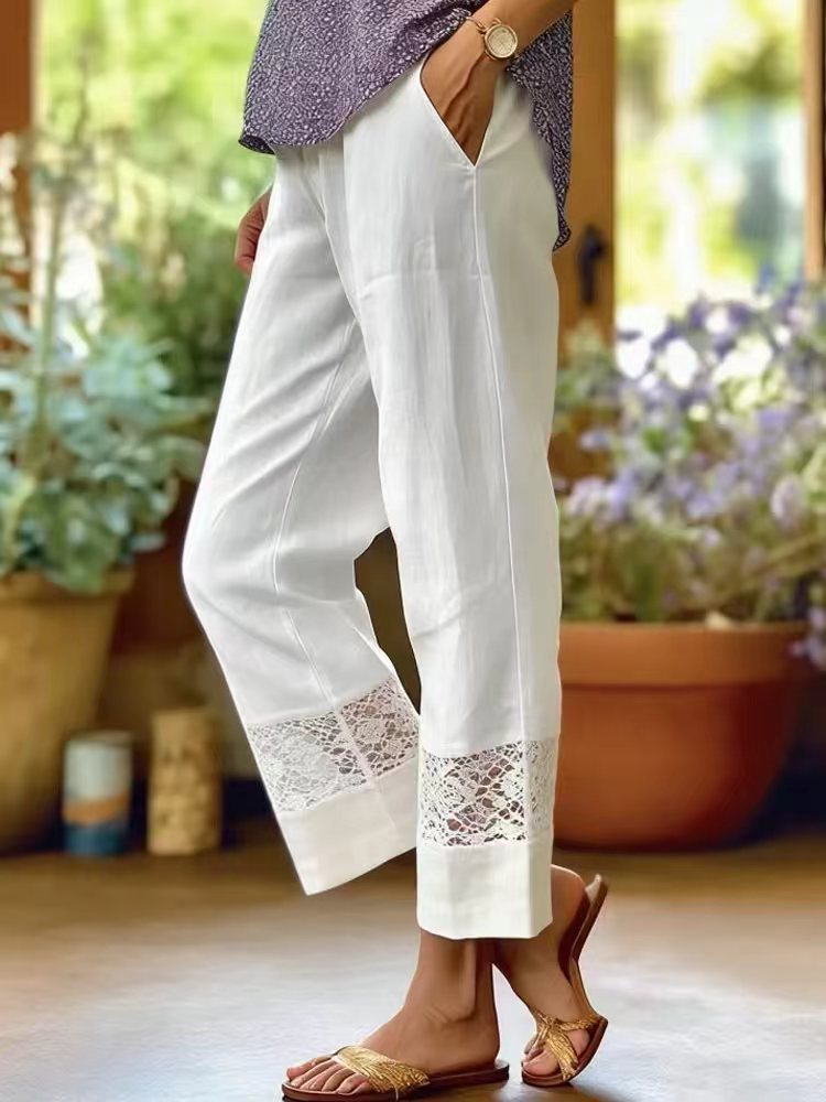 Damen Leichte Leinenhose mit Spitzenakzenten R&B