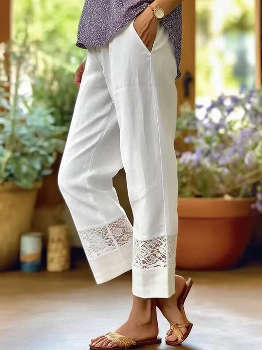 Damen Leichte Leinenhose mit Spitzenakzenten R&B