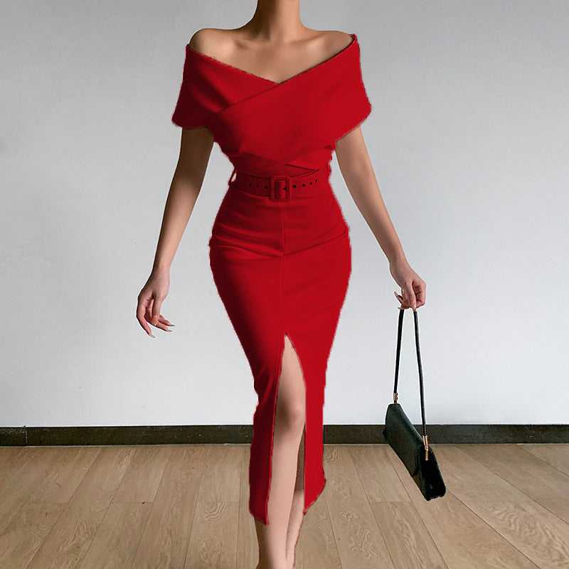 Damen figurbetontes Midi-Kleid mit Off-Shoulder-Ausschnitt und seitlichem Schlitz R&B
