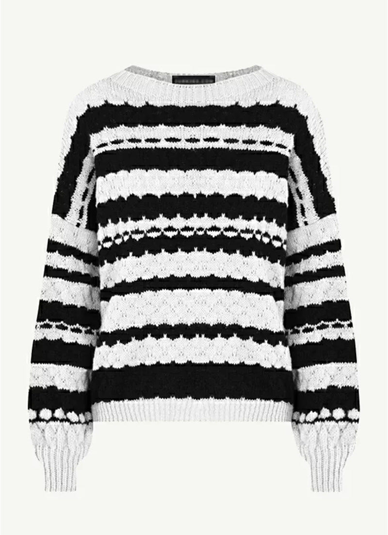 Damen gemütlicher Strickpullover mit modernem Zopfmuster und grafischen Akzenten R&B