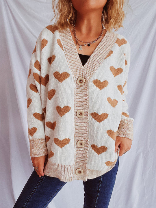Damen Strickjacke mit herzförmigem Muster und knöpfbarem Design R&B