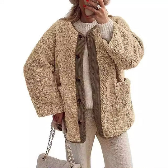 Damen kuschelige Teddyjacke mit farblich abgestimmtem Kragen R&B