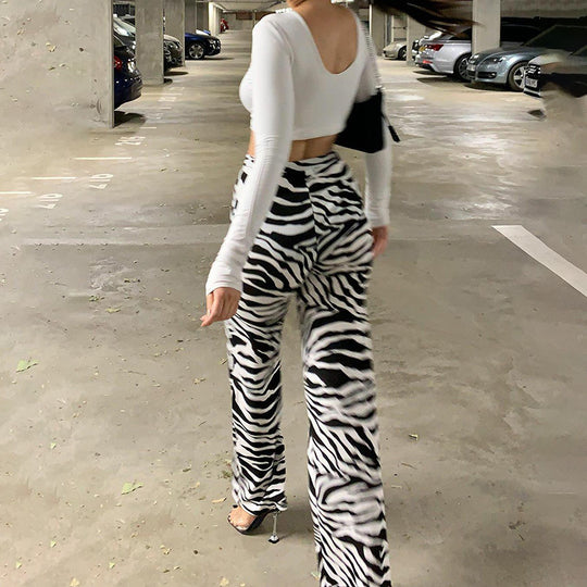 Damen Elegante Zebra-Print High-Waist Hose R&B
